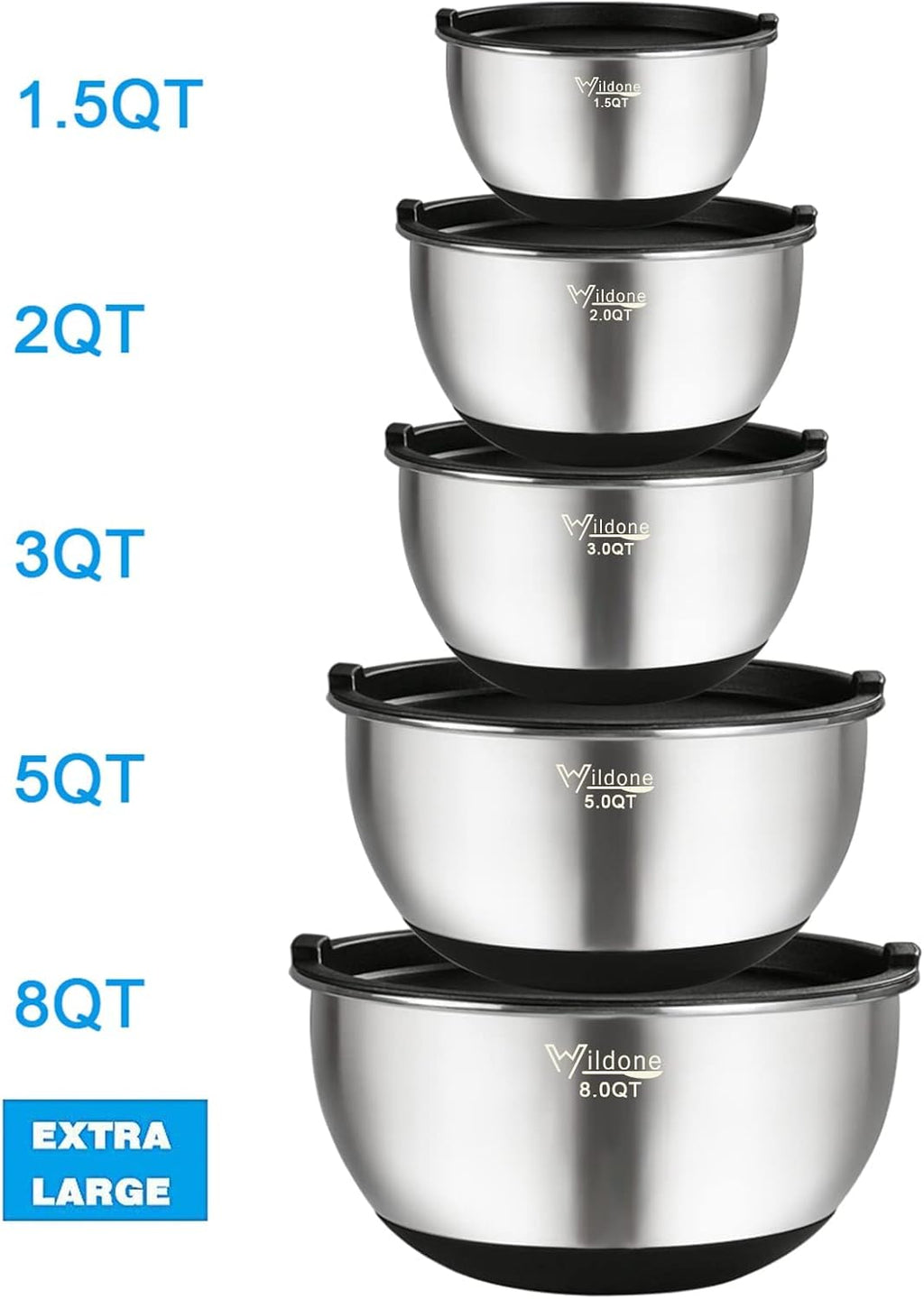 Wildone Stainless Steel Mixing Bowls Set of 5 - Airtight Lids & Non-Slip Silicone Bottoms | Stackable Design, 1.5 to 8 QT
