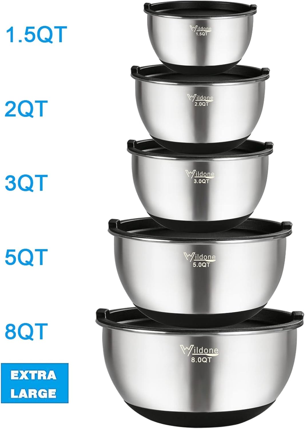 Wildone Stainless Steel Mixing Bowls Set of 5 - Airtight Lids & Non-Slip Silicone Bottoms | Stackable Design, 1.5 to 8 QT