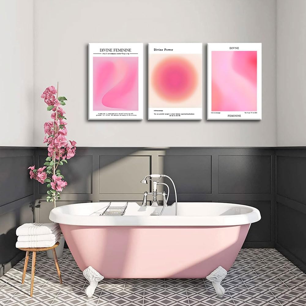 Trendy Aesthetic Canvas Wall Art Set of 3 - Pink Gradient Aura Angel Posters | Framed 12x16 Inch Decor