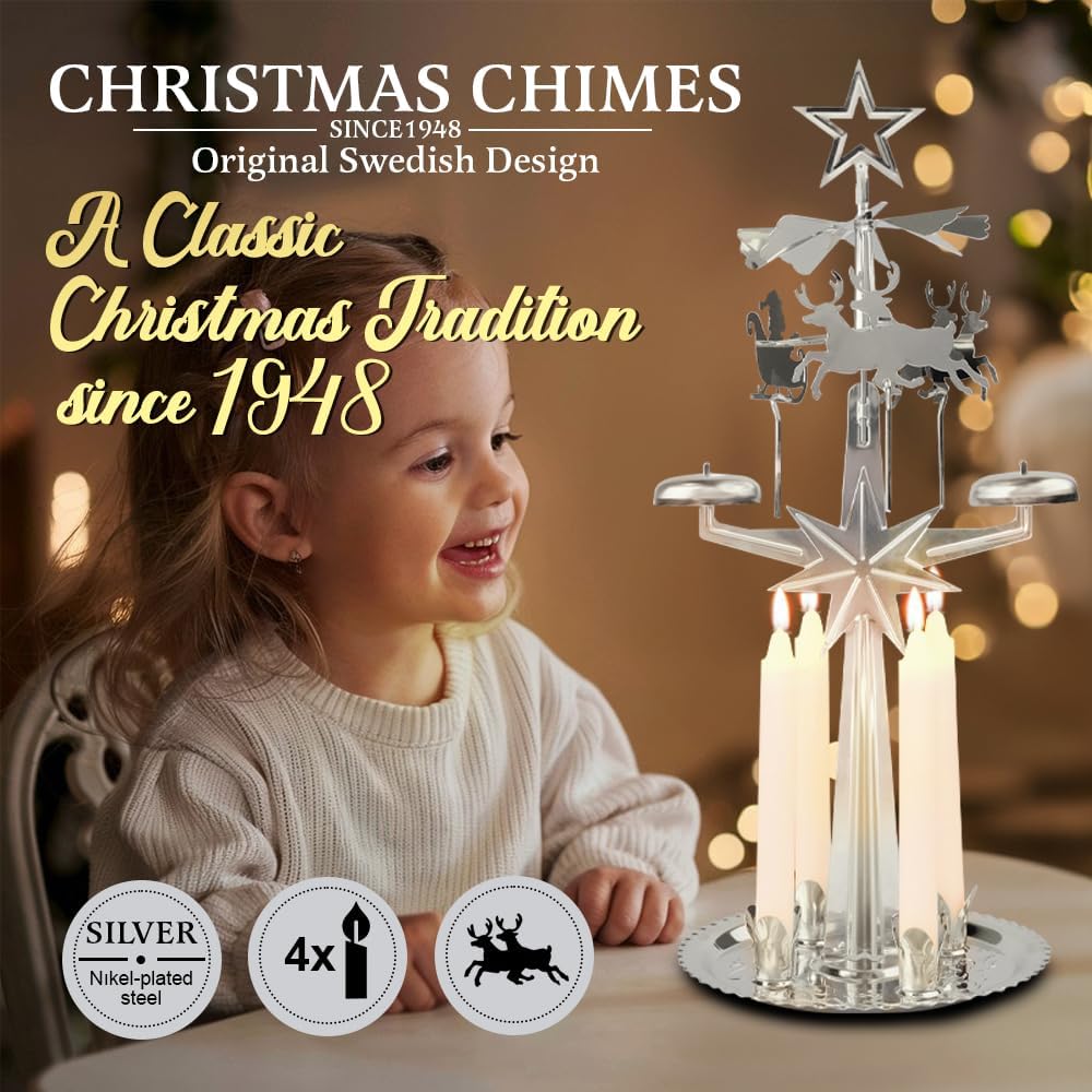 Original Swedish Christmas Chimes - Festive Carousel with 4 Candles | Elegant Silver Home Decor Since 1948