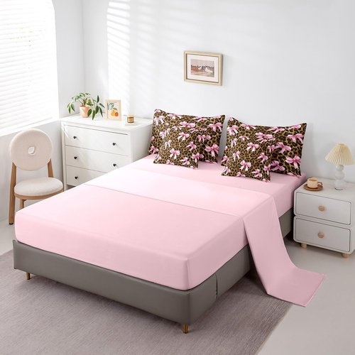 Castle Fairy Bowknot Leopard Bed in a Bag Comforter Set,Girly Princess Pink Bow Full Size 7 Pieces for Kids Teens,Cheetah Fur Print Bedding Set with Comforter, Sheet Set, Pillowcases, Pillow Covers