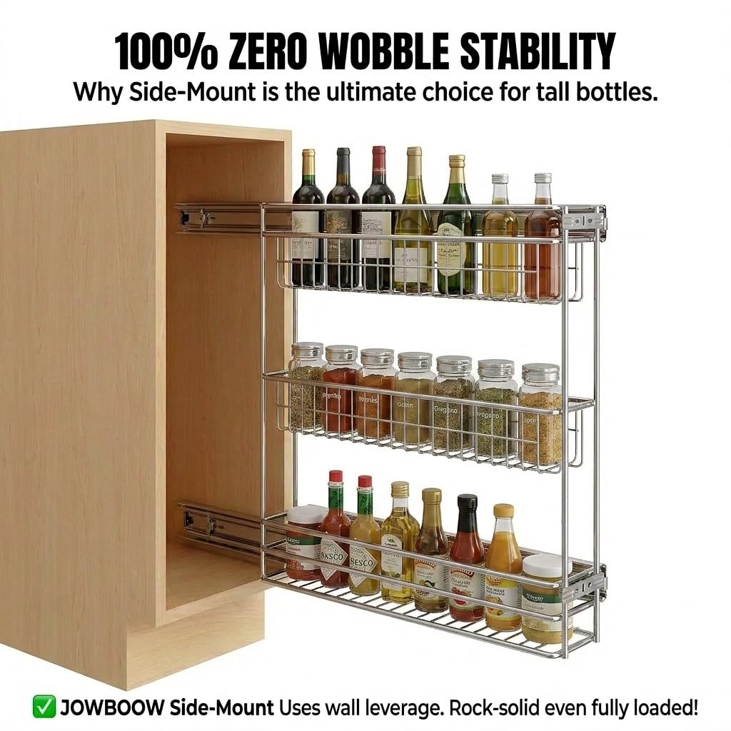 JOWBOOW Narrow Pull Out Cabinet Organizer, 4" Skinny Side Mount Spice Rack for Frameless Cabinets, Heavy Duty 3-Tier Zero Wobble Slide Out Shelf