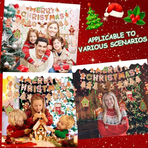 Gingerbread Christmas Decorations Set - Merry Christmas Banner & Hanging Swirls