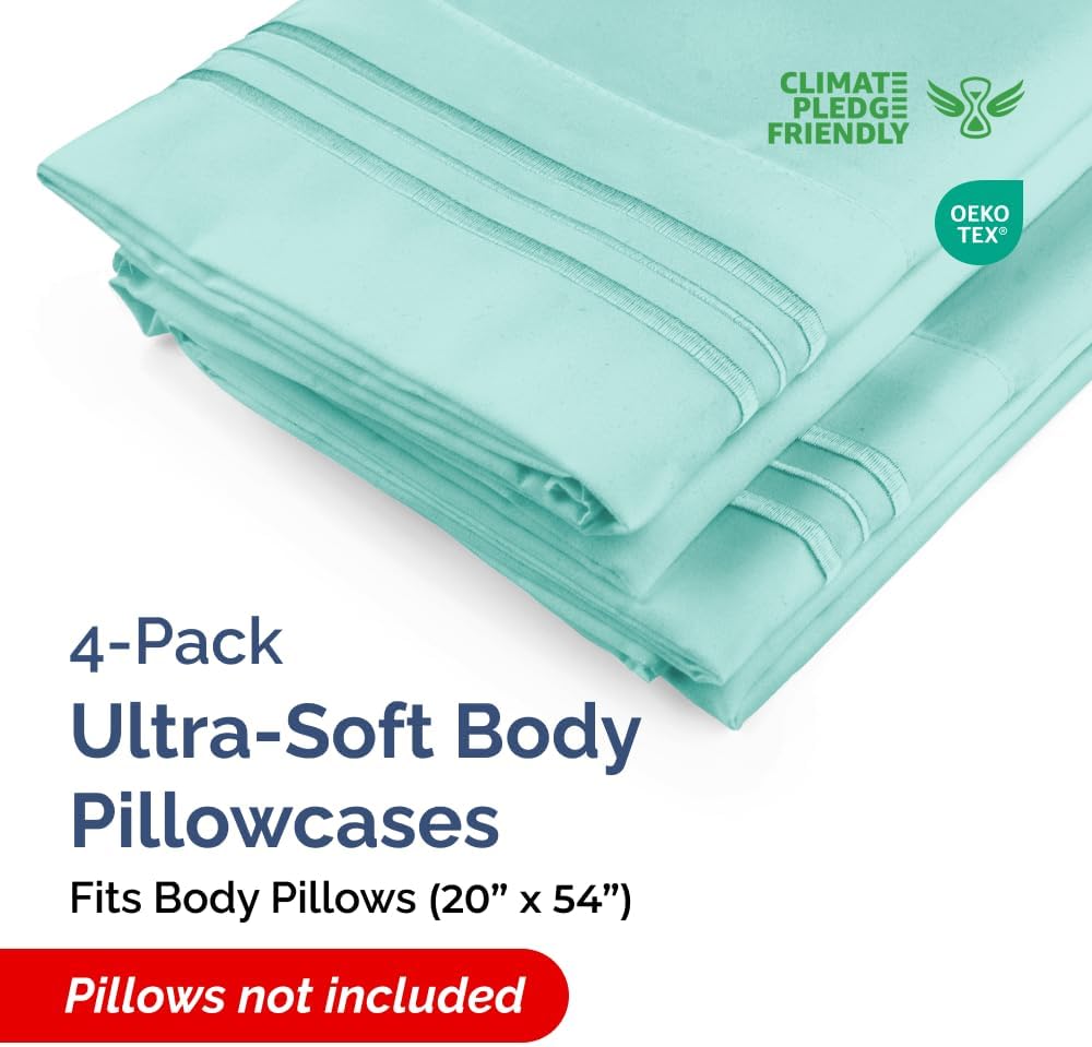 Skiennix Body Pillowcases Set of 4 | Soft & Breathable 20x54 Long Pillow Covers - Fade-Free & Machine Washable (Spa Blue)