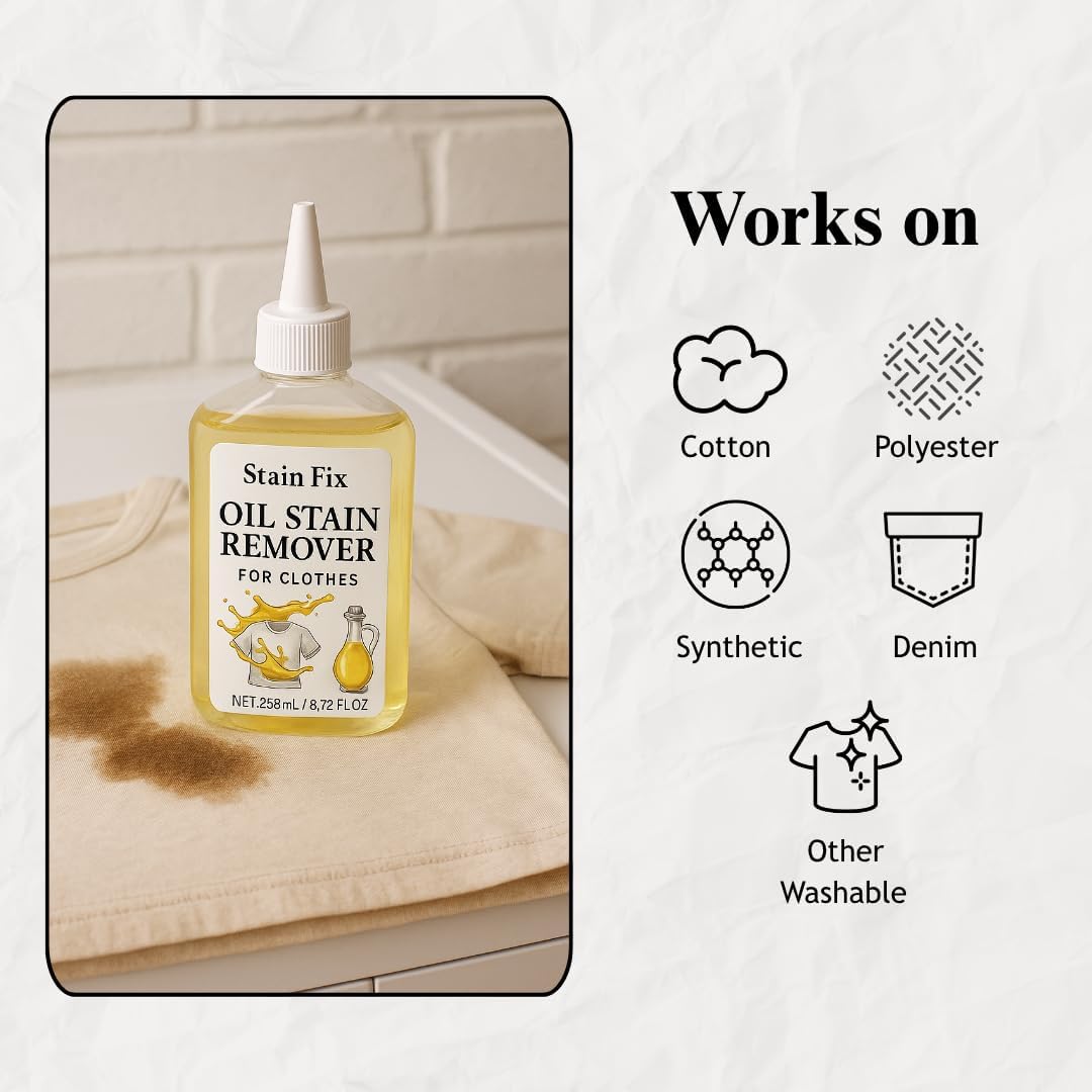 Oil Stain Remover - Effective Fabric Cleaner for Cooking & Engine Stains | 8.72oz, Safe for All Fabrics