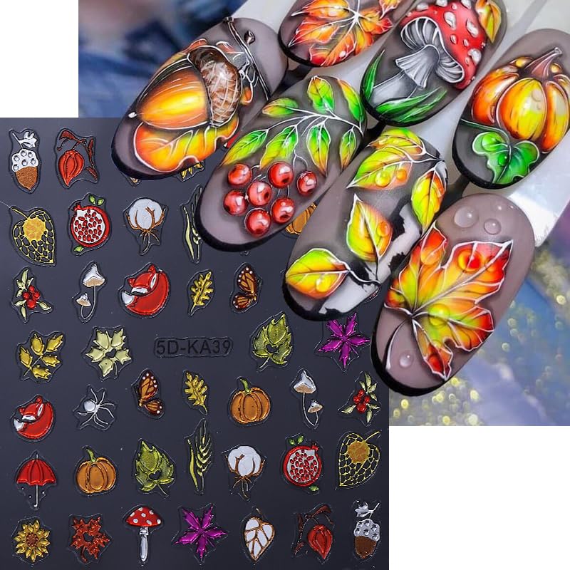 Fall Colorful 3D Self-Adhesive Nail Stickers Maple Leaves Pumpkin