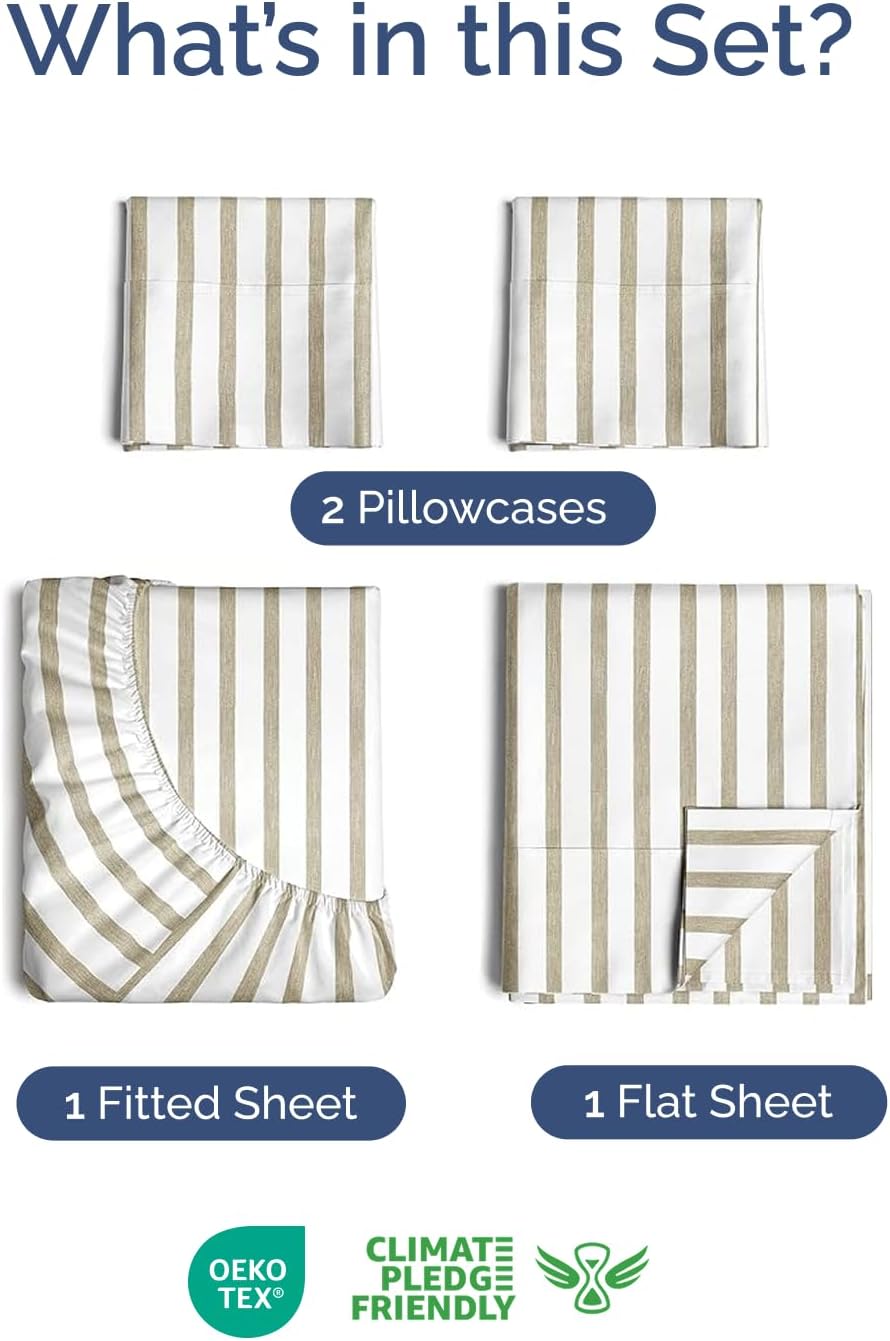 Skiennix Extra Deep Twin XL Sheet Set - 4-Piece Cooling & Breathable Bedding - Soft, Wrinkle-Free - Beige Stripes