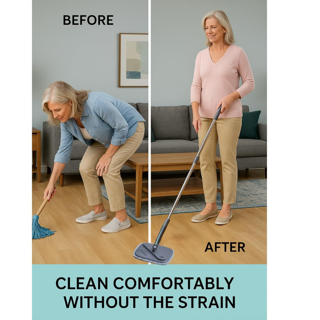 TRUE & TIDY Square Spin Mop & Bucket System – Dual Chamber for Clean & Dirty Water, 360° Rotating Self-Wringing Mop with Built-in Scrub Brush, Stainless Steel Handle & 2 Reusable Microfiber Mop Pads