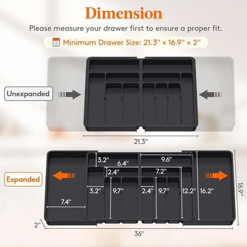 Lifewit Silverware Drawer Organizer, Expandable BPA Free Plastic Utensil Tray for Kitchen, Adjustable Flatware Cutlery Holder for Spoons Forks Knives, 21.3- 36 x 16.9", Black