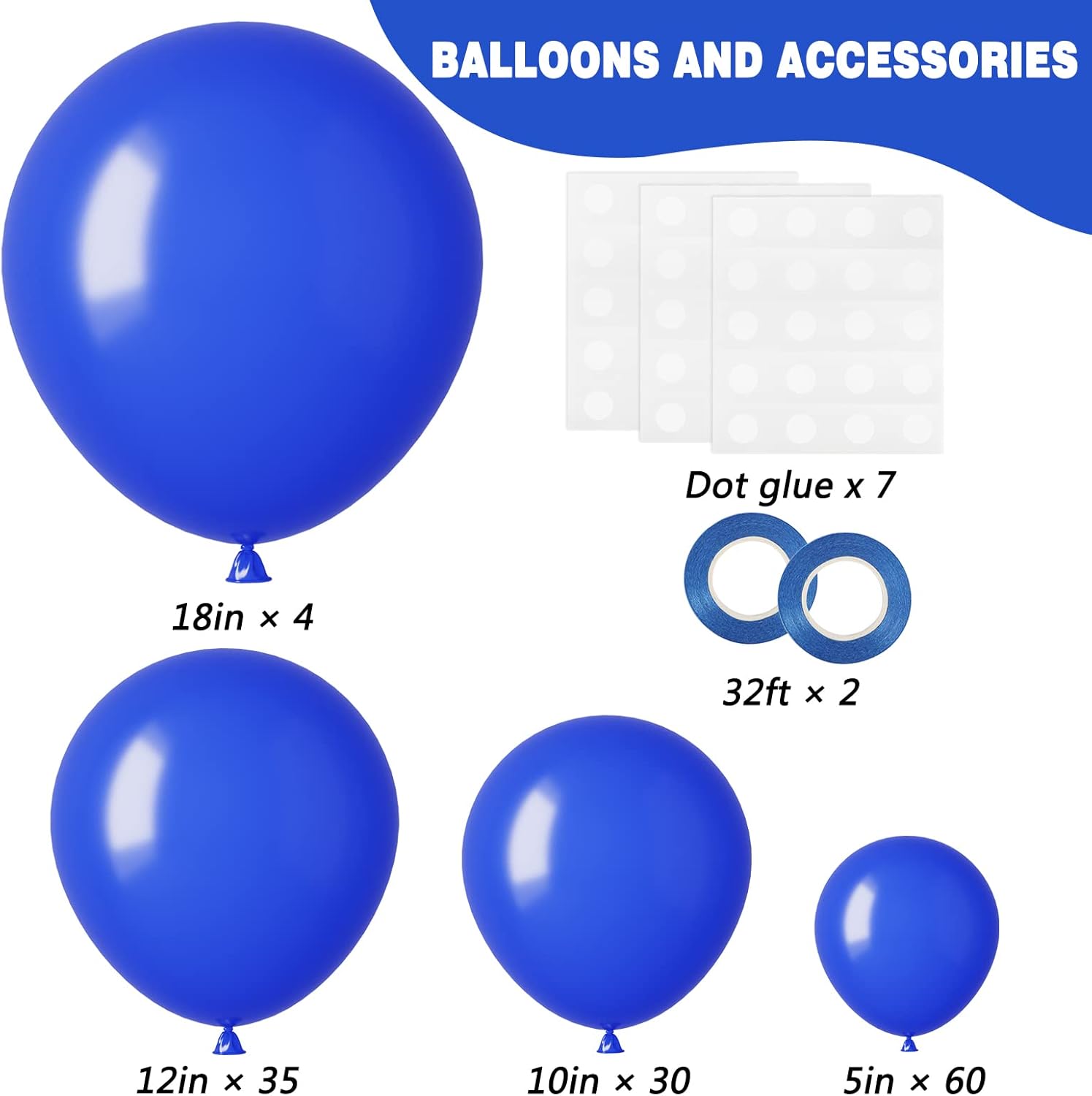 RUBFAC Royal Blue Balloons - 129-Piece Arch Kit | Various Sizes for Graduation, Birthday & Baby Showers