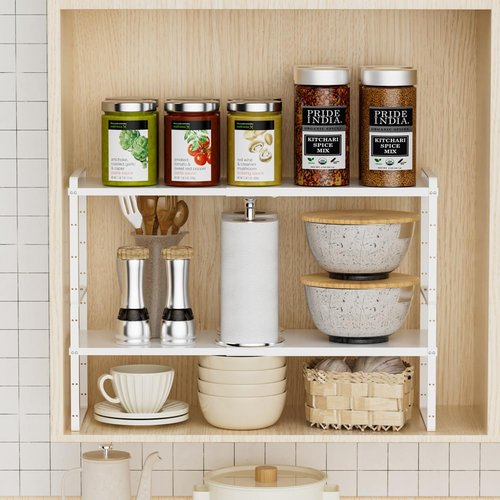 Slideep Expandable Counter Organizer Shelf, Stackable Cabinet Shelves Organizer Storage Rack Cupboard Stand Spice Rack for Kitchen Bathroom Pantry White -2 Set