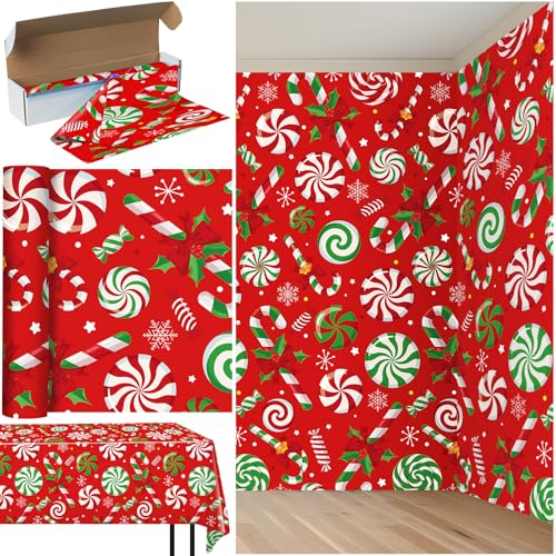 Christmas Candy Cane Plastic Tablecloth Roll - Red & Green, 4.5x100 ft, Disposable Holiday Party Decor