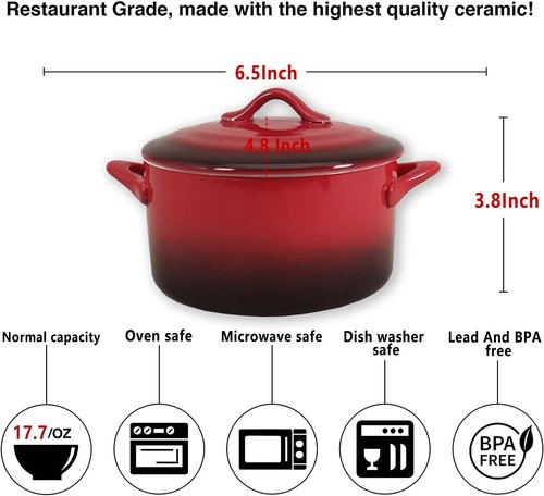 Ceramic Mini Cocotte Set - 17.7 Ounces Casserole Dishes with Lids & Handles | Oven & Microwave Safe, Red Gradient