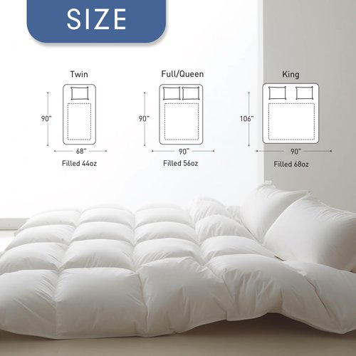 Luxurious Goose Feather Down Fiber Comforter Full Queen Size, Hotel Collection Fluffy 100% Cotton Cover Duvet Insert, 56 oz. Fill Weight, All Season Medium Warmth 90 x 90 Inch White Solid