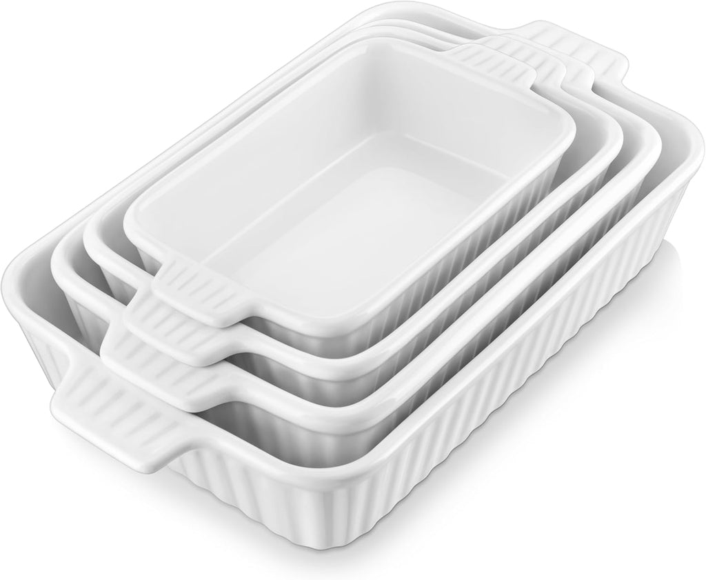 MALACASA Casserole Dishes - Porcelain Bakeware Set of 4 with Handles for Oven Baking | White Rectangular Pans (9.4"/11.1"/12.2"/14.7")