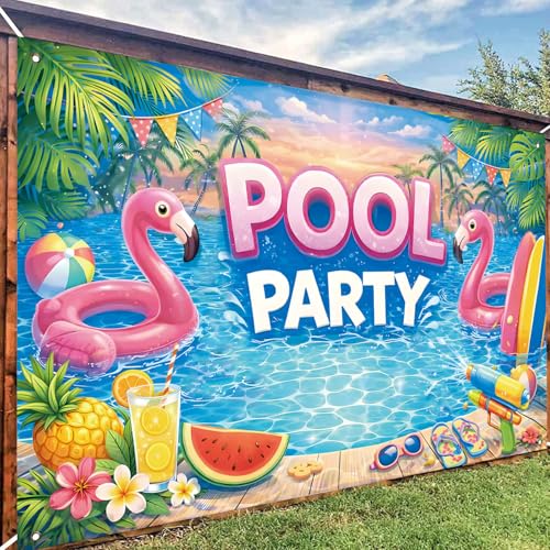 Pink Flamingo Pool Party Backdrop Banner - 71 x 43 Inch