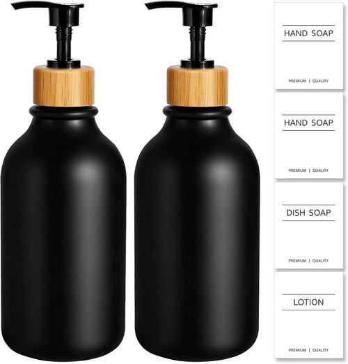 KASUNTING Hand Soap Dispenser Set - Stylish Black Dish Soap Dispenser with Bamboo Pump | 17 Fl Oz, 2 Pack