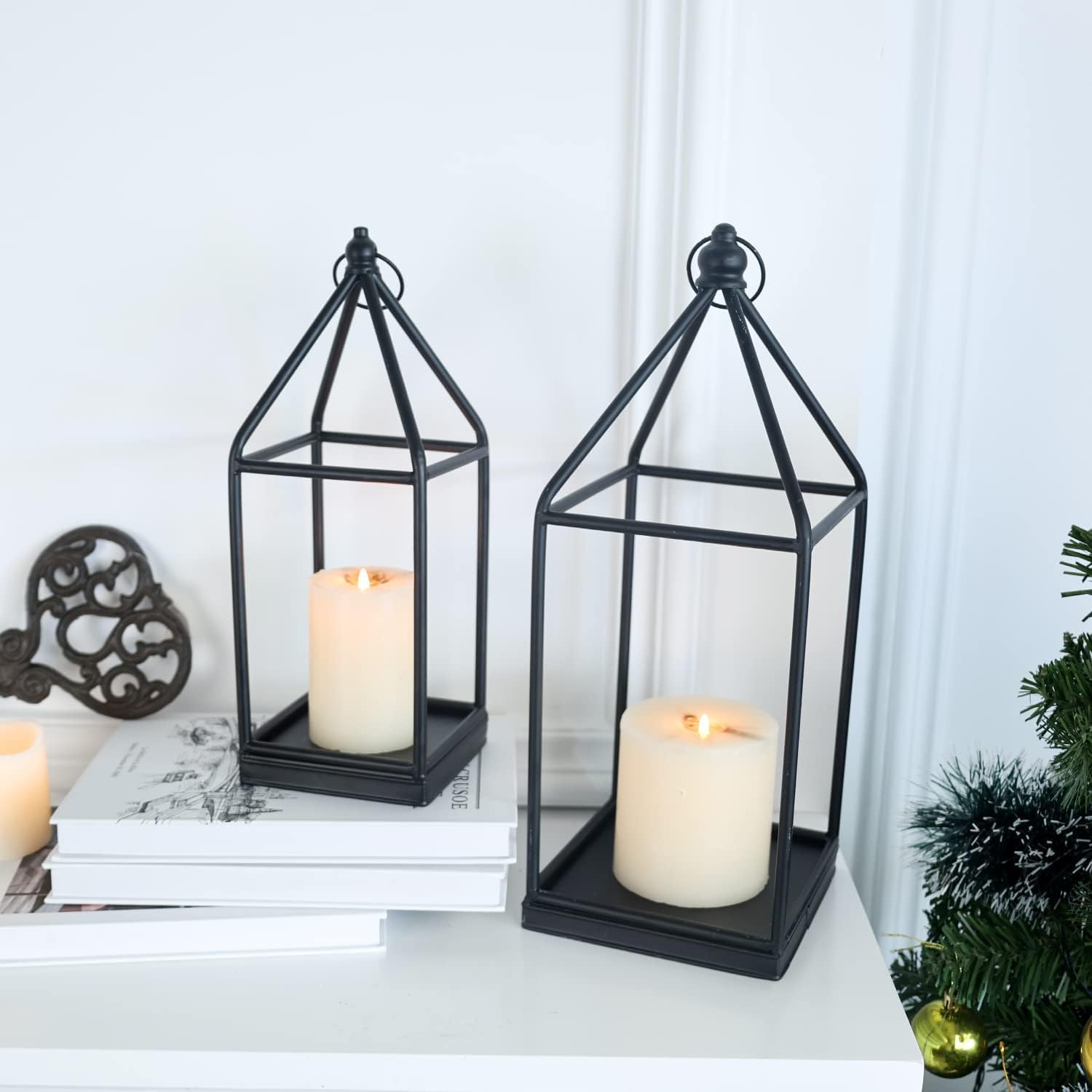 **DECORKEY Lanterns - Vintage Black Metal Candle Holders for Indoor & Outdoor Decor | 18" & 14" Sizes**
