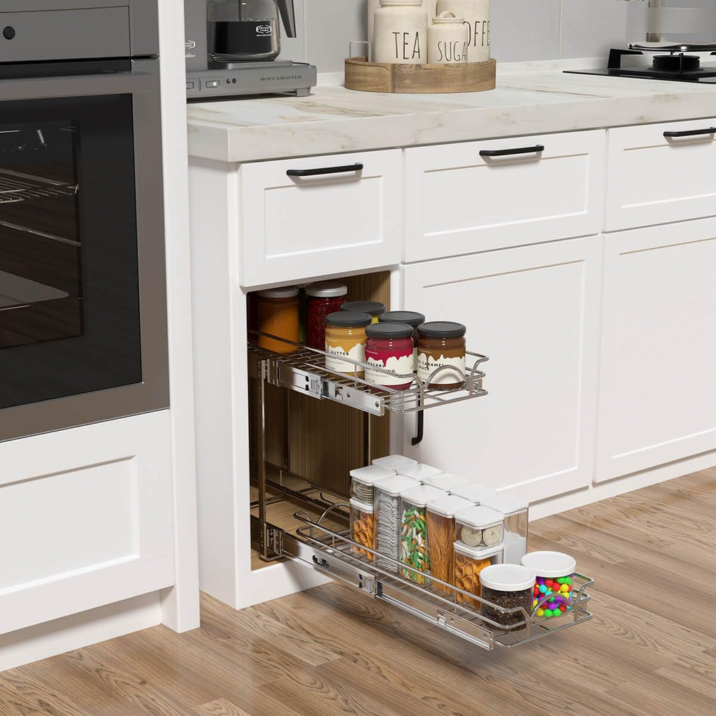 OCG 2 Tier Pull Out Cabinet Organizer (12.5" W x 21" D), Pull Out Drawers for Kitchen Cabinets, Pull Out Shelves for Base Cabinet Organization in Kitchen Bathroom Pantry, Chrome Finish