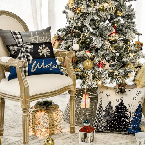 Merry Christmas Blue & Black Throw Pillow Covers - Set of 4, 18x18 Inch