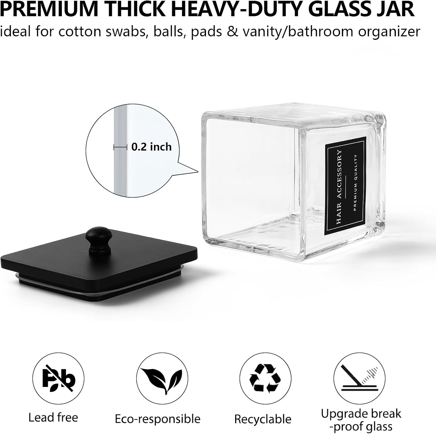 Skiennix 2-Pack Glass Qtip Holder Dispenser Set - Elegant Bathroom Storage Canisters for Cotton Balls, Swabs & More