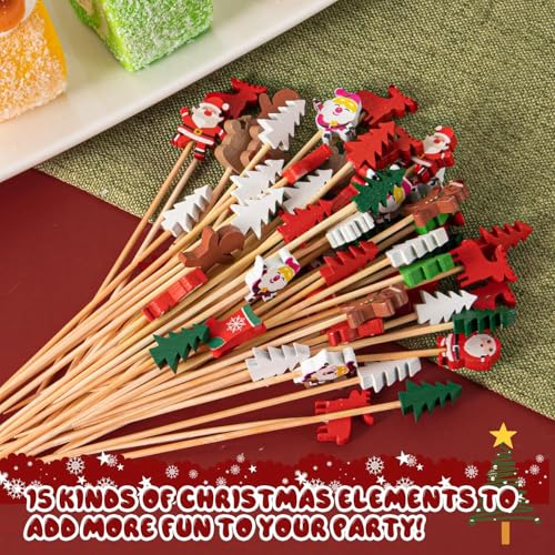 Christmas Cocktail Picks Set - 100 Natural Bamboo Skewers with 15 Holiday Designs - Festive Party Supplies