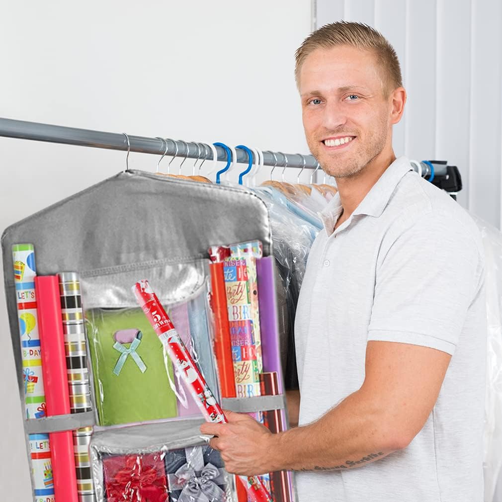 Primode Wrapping Paper Organizer - Over The Door Storage for Gift Wrap, Bags & Accessories | 40”x17” Gray