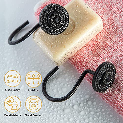 Black Shower Curtain Hooks - Rust Proof Decorative Rings, 12Pcs