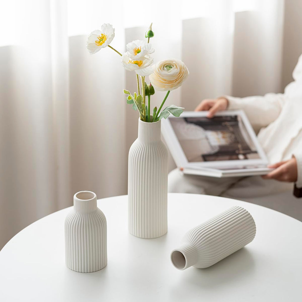 Modern Ceramic Vases Set of 3, White Ribbed Decorative Vases, Shelf Table Centerpiece for Home Decor, Birthday Gifts for Women, Mom, Grandma Decorative (White)