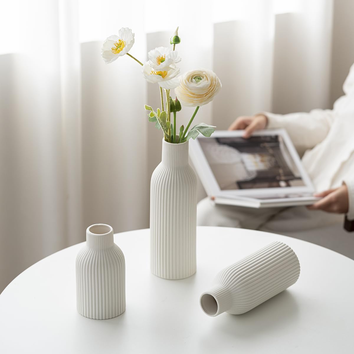 Modern Ceramic Vases Set of 3, White Ribbed Decorative Vases, Shelf Table Centerpiece for Home Decor, Birthday Gifts for Women, Mom, Grandma Decorative (White)