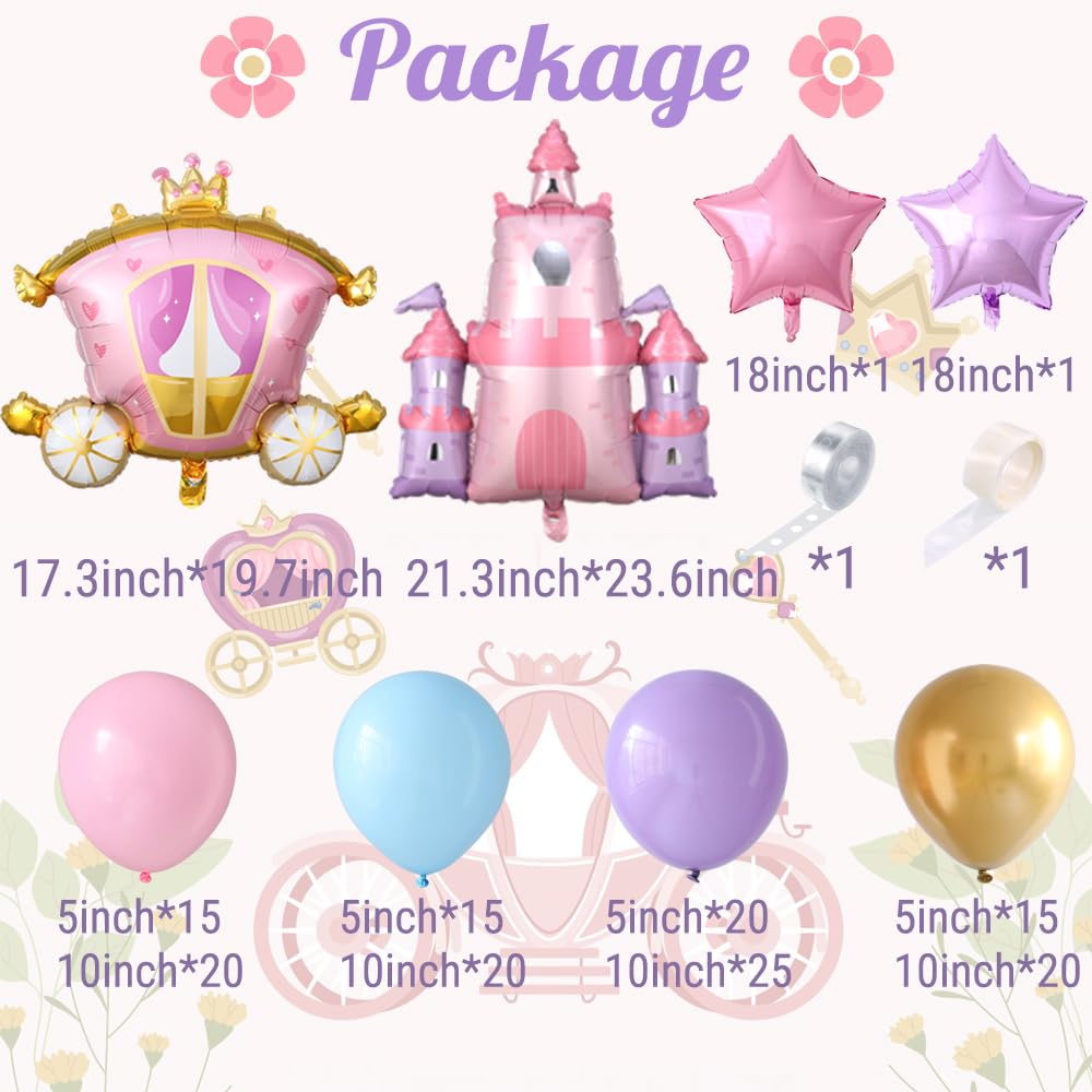 PageebO Princess Balloon Garland Arch, 154Pcs Pastel Blue Pink Purple Gold Balloons with Castle Carriage Star Foil Balloons for Girls Princess Rainbow Baby Shower Birthday Fairytales Party Decortion