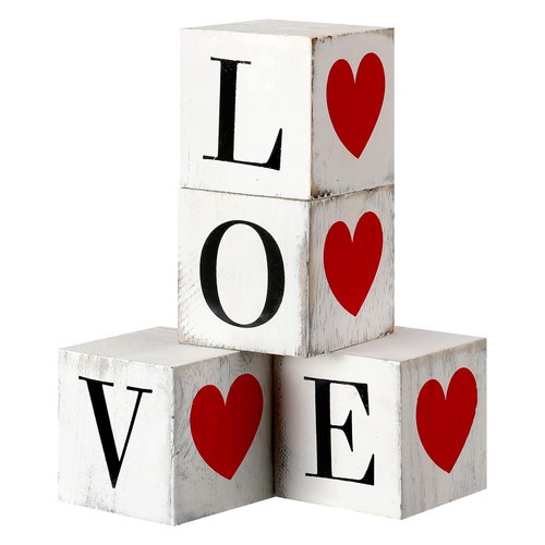 Yousoontic 4 Pcs Valentine's Day Wooden Decorations Double-Sided Love Heart Wood Block Sign Rustic Farmhouse Valentines Tiered Tray Decor Table Centerpiece for Wedding Anniversary Party Office Shelf