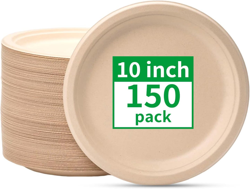 RACETOP Compostable Paper Plates - 10 Inch Heavy Duty Biodegradable Plates | 150 Pack, Unbleached Brown