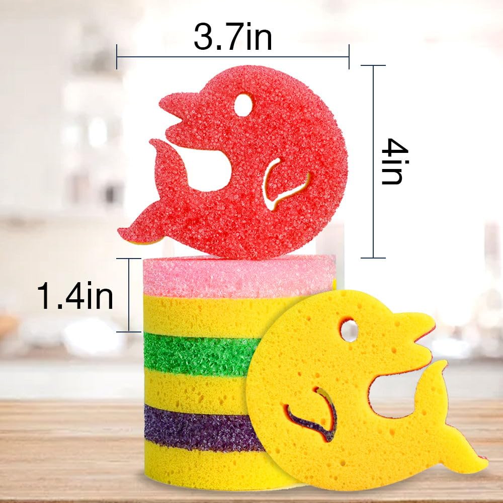5 Pack Scrub Sponge, Dual-Sided Temperature Kitchen Sponge for Dishes Household Cleaning SmilePowo Non-Scratch Dolphin Shape Multipurpose Sponges for Kitchens, Bathrooms, and Outdoor Five Color