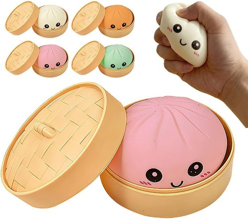 Dumpling Squishies | Stress Relief Balls - Handmade Fidget Toys with Steamer Case, Soft TPR Big Bun (Pink)