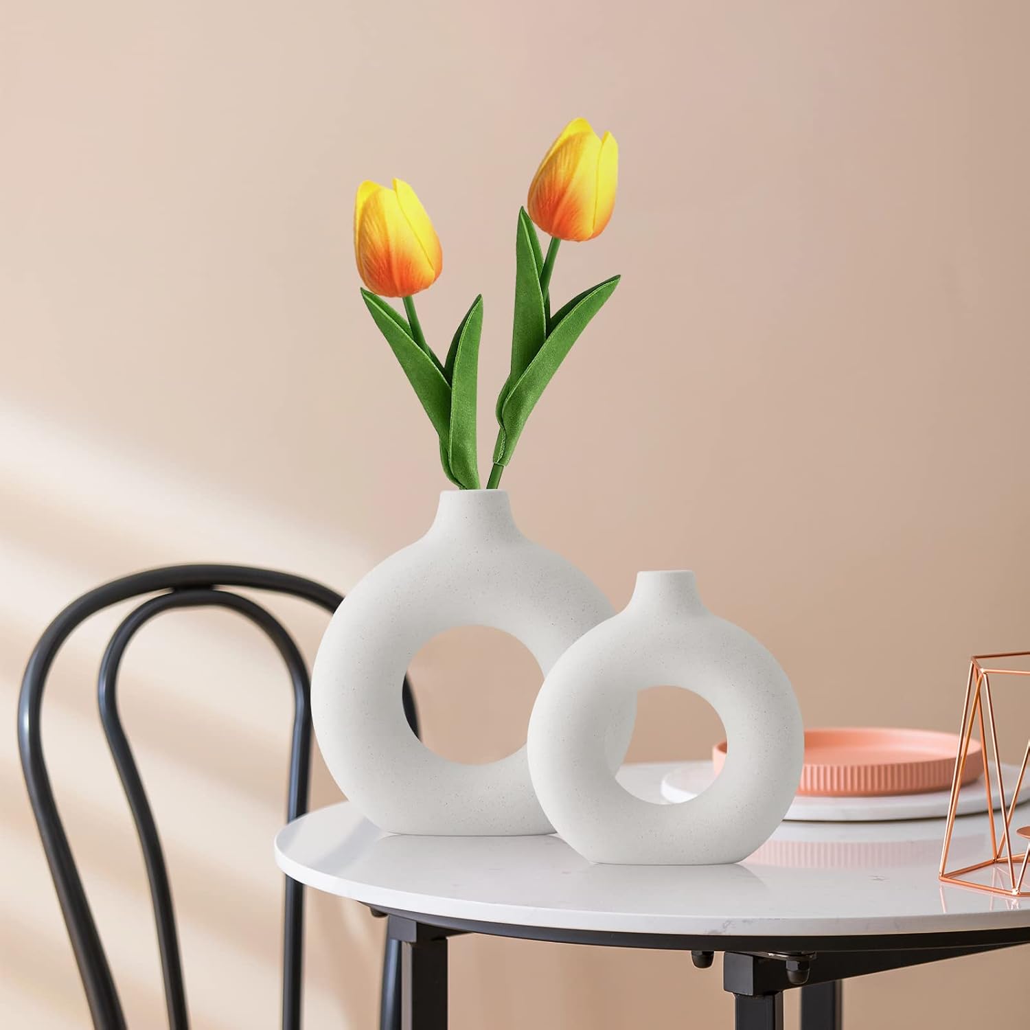 Skiennix White Ceramic Vases - Modern Round Pampas Grass Decor | Set of 2 for Minimalist Home & Office