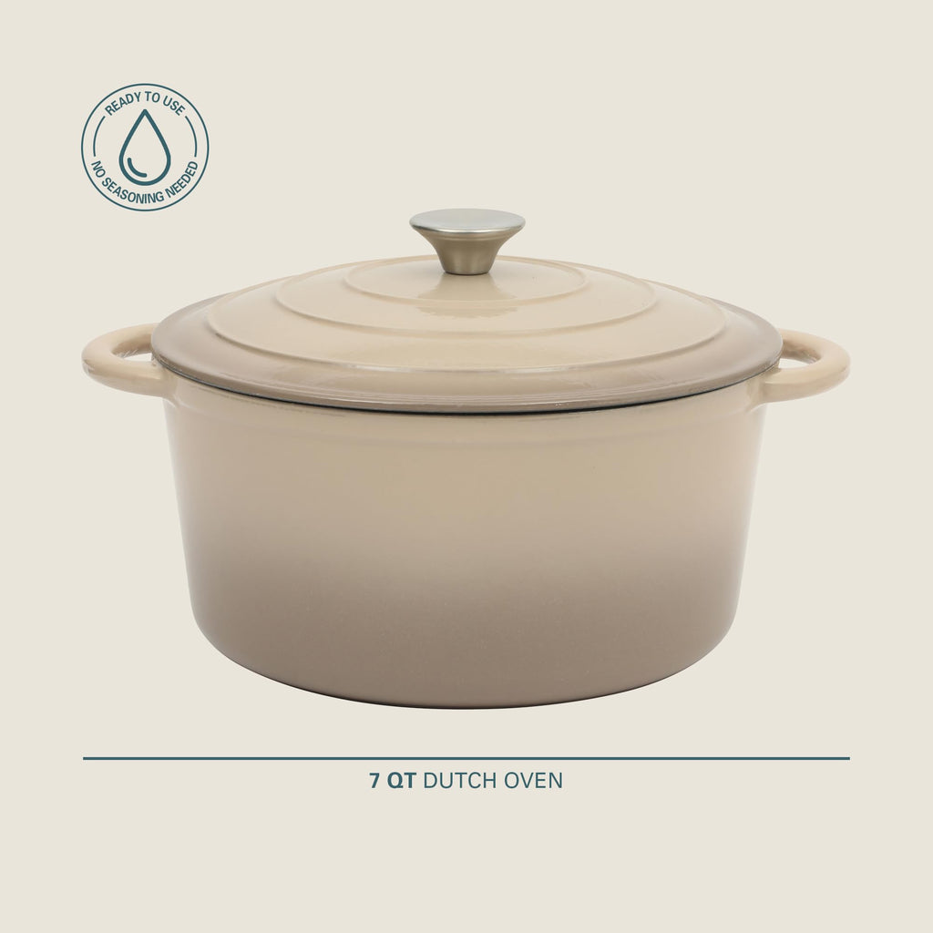 Gibson Home Addlestone 7 Qt Enameled Cast Iron Dutch Oven Pot with Lid – Round, Oven Safe to 500°F, Ideal for Bread Baking & Stews - Gradient Taupe