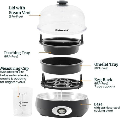 Elite Gourmet Rapid Egg Cooker - 7 Egg Capacity, Auto Shut-Off, Includes Recipe Booklet | Charcoal Grey