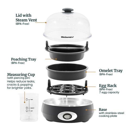Elite Gourmet EGC007CHC# Rapid Egg Cooker, 7 Easy-To-Peel, Hard, Medium, Soft Boiled Eggs, Poacher, Omelet Maker, Auto Shut-Off, Alarm, 16-Recipe Booklet, Charcoal Grey