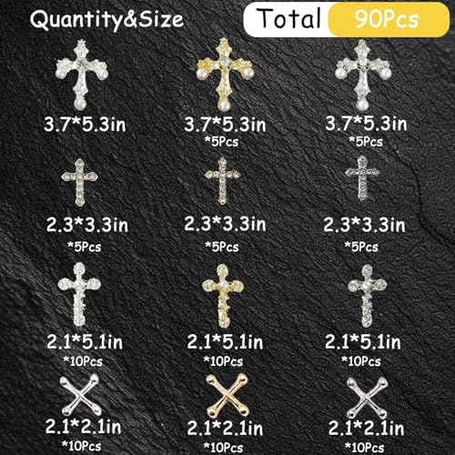 ZUMILLMN 90pcs 3D Cross Nail Charms with Crystal Rhinestones and Pearls