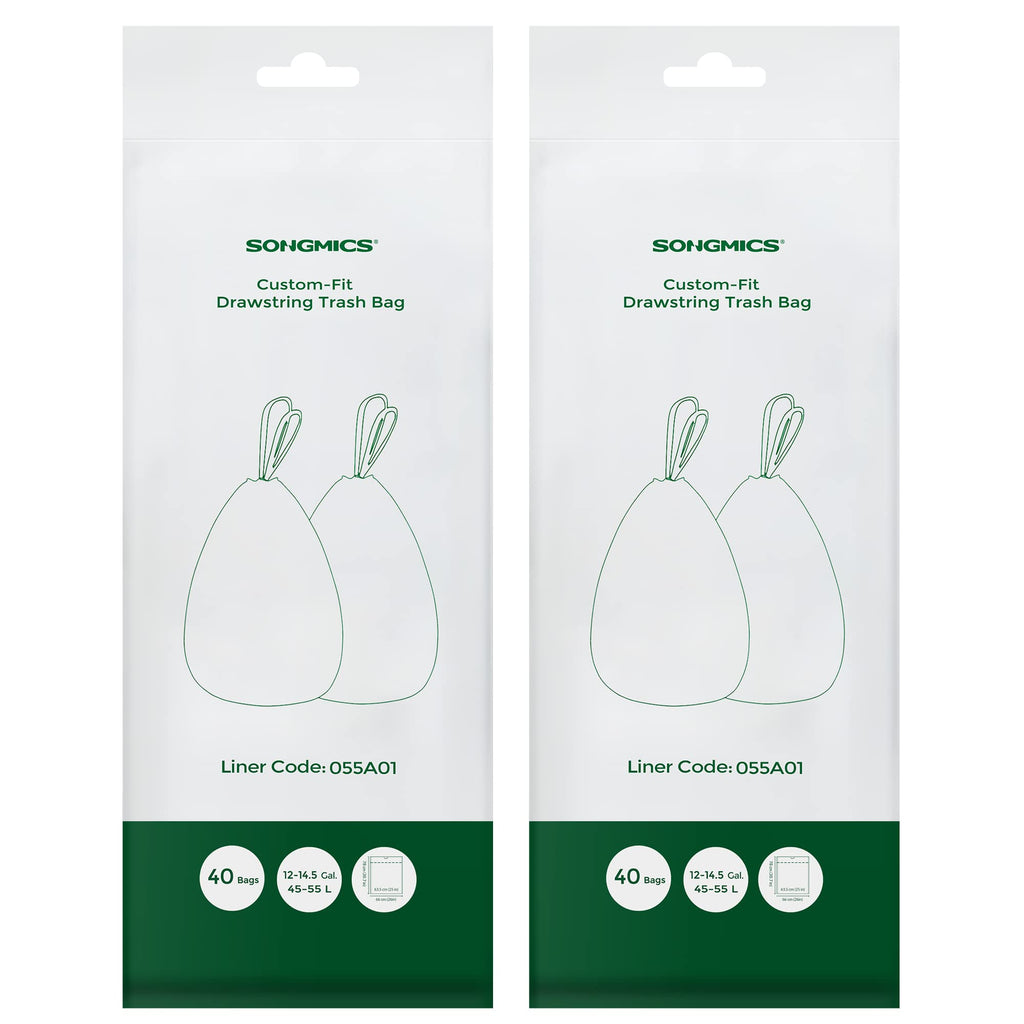 SONGMICS Trash Bags for 12-14.5 Gallon (45-55L) Trash Cans,80 Count Drawstring Kitchen Garbage Bags, Pre-Separated, Liner Code 055A01, 2 Rolls,White UKRB055A02