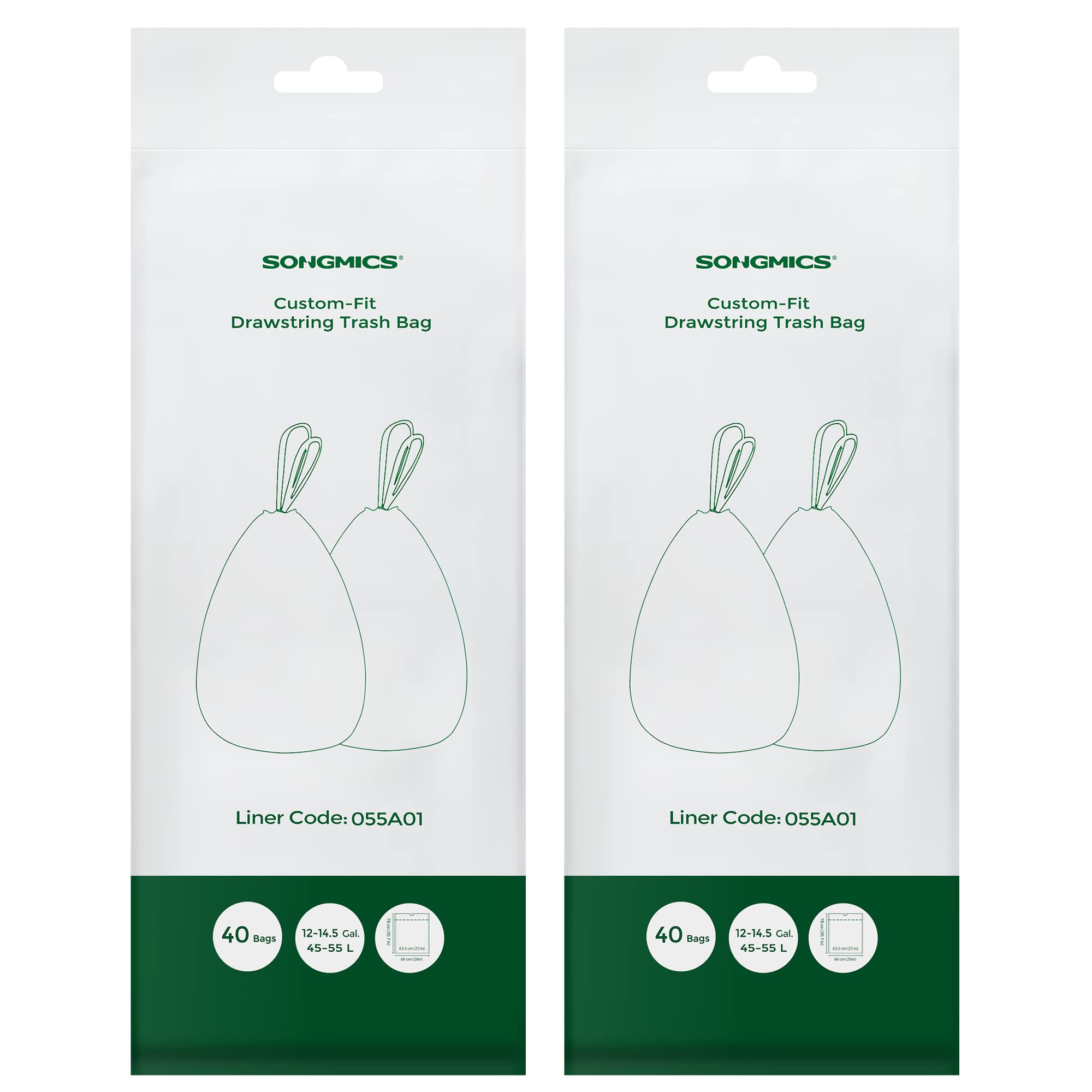 SONGMICS Trash Bags for 12-14.5 Gallon (45-55L) Trash Cans,80 Count Drawstring Kitchen Garbage Bags, Pre-Separated, Liner Code 055A01, 2 Rolls,White UKRB055A02