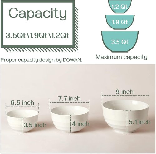 DOWAN Ceramic Mixing Bowls Set - Sturdy & Microwave Safe | Large 3.5/1.9/1.2 Qt Nesting Bowls in Creme White