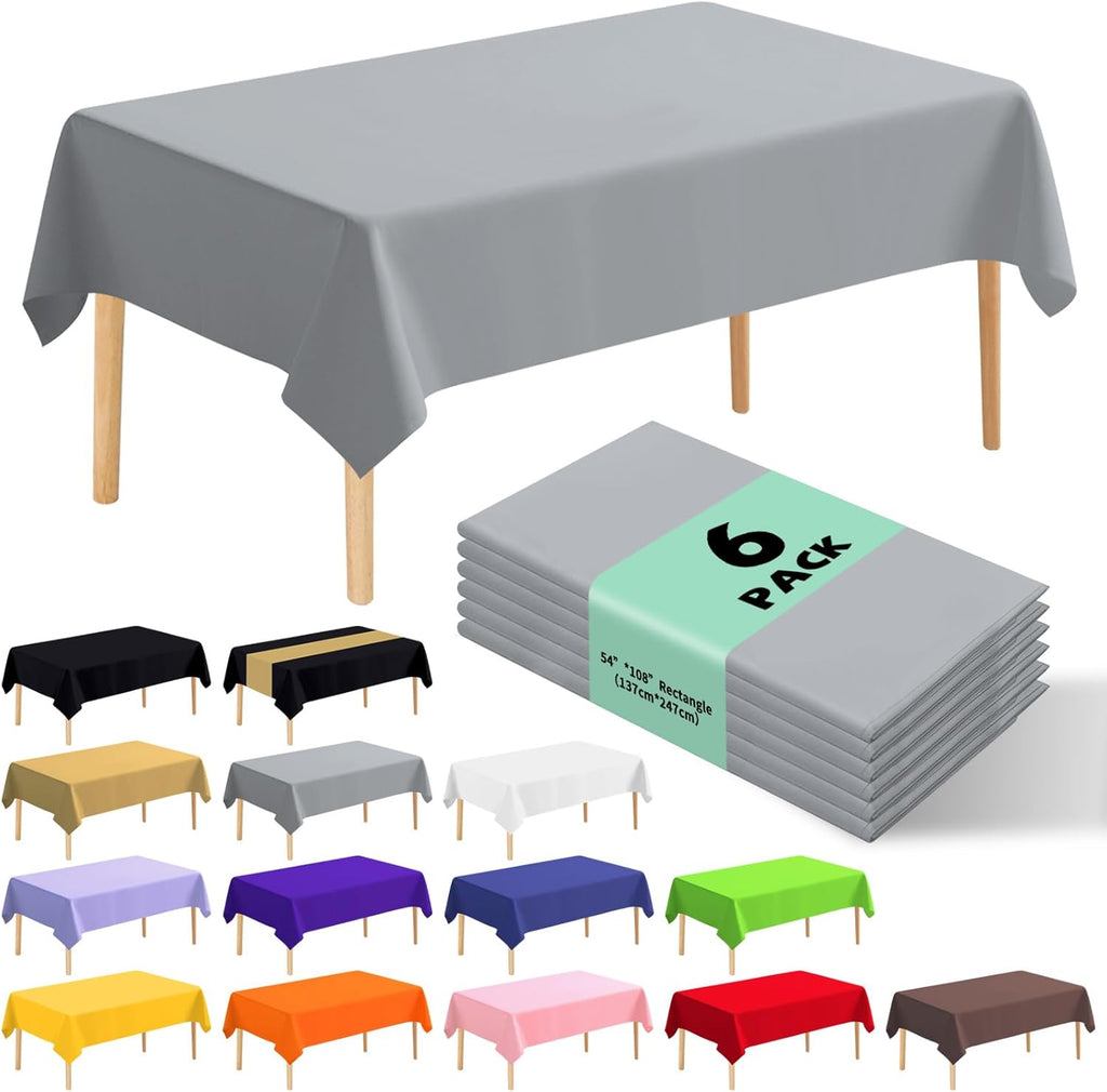 Skiennix Premium Disposable Plastic Tablecloths - 6 Pack | 54" x 108" for Indoor/Outdoor Events - Silver Grey