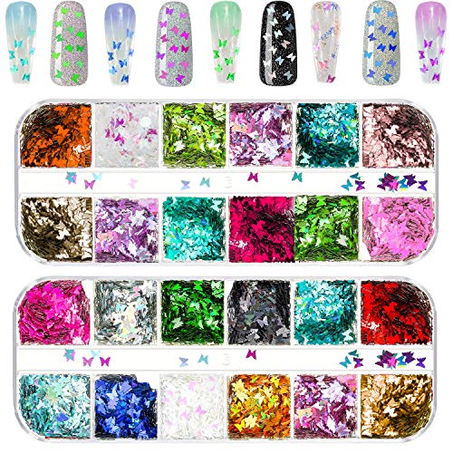 ETHOON 3D Butterfly Nail Art Sequins 24 Colors Holographic Glitter Decals