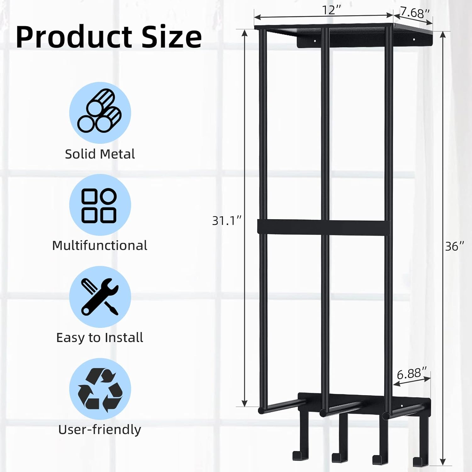 Skiennix Camping Chair Wall Storage Rack - Stainless Steel Organizer with 4 Hooks | Matte Black Finish