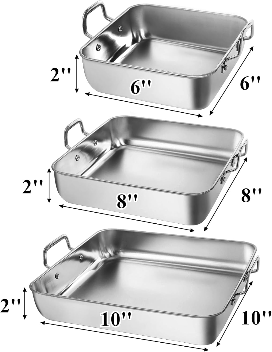 Tebery Square Cake Pan Set - Deep Stainless Steel Nonstick Baking Pans with Handles | 3-Piece Bakeware Set