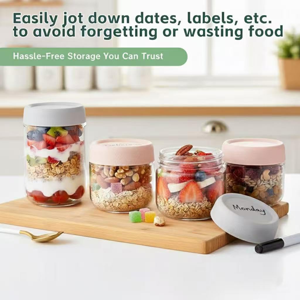 DMuuuDM 2 Pack Glass Overnight Oats Containers with Lids,Stackable Wide Mouth Mason Glass Jars with Airtight Seal Lids,Food Storage Jars for Meal Prep,Yogurt Parfaits,Meal Prep,Pudding,Spices (16 Oz)