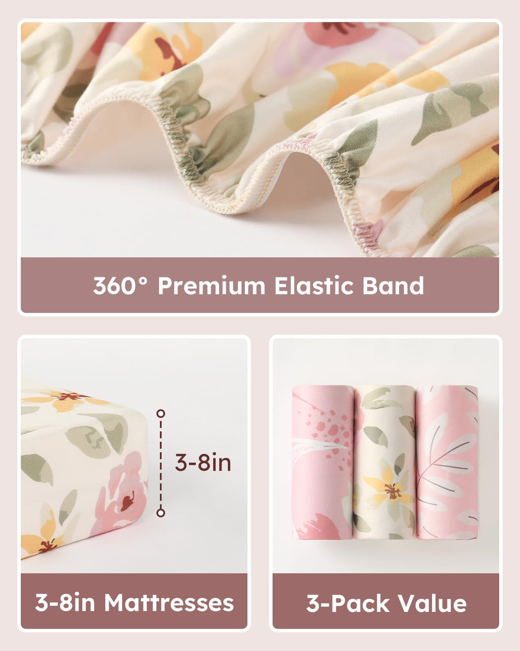Unnivoll Baby Crib Sheets | Soft Microfiber Fitted Sheets for Standard Crib & Toddler Mattress - 3 Pack, Pink Flowers & Leaf, 28x52x8in