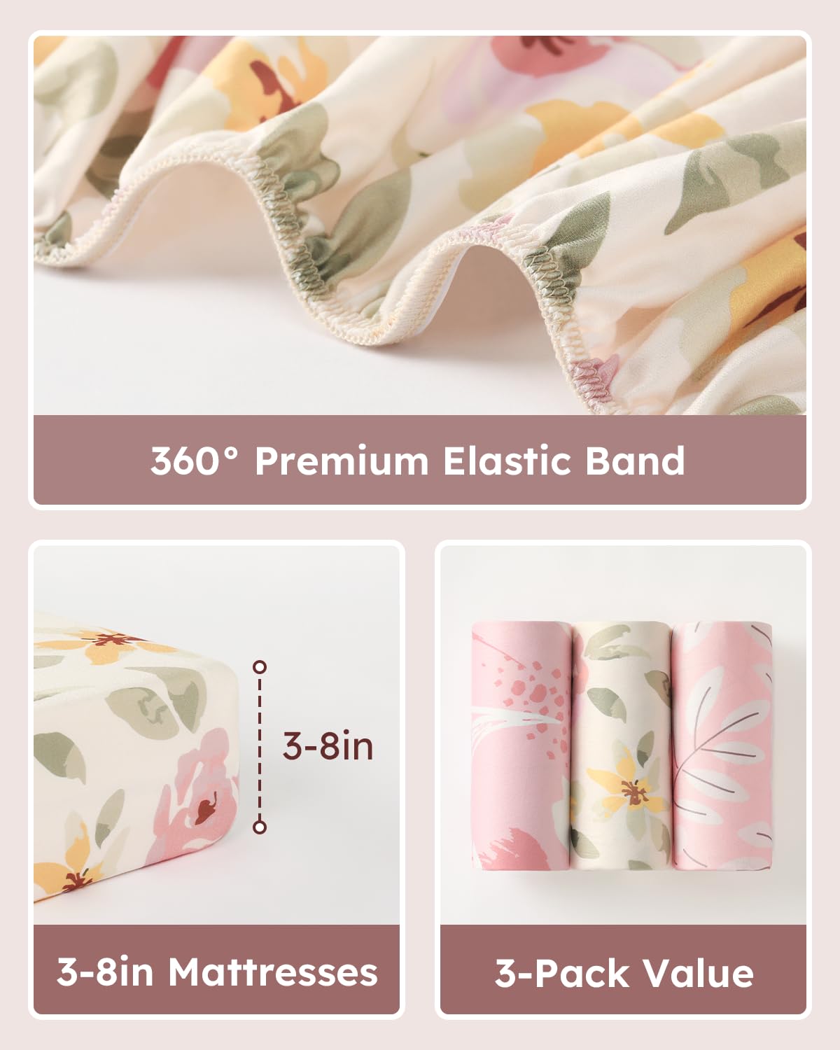 Unnivoll Baby Crib Sheets | Soft Microfiber Fitted Sheets for Standard Crib & Toddler Mattress - 3 Pack, Pink Flowers & Leaf, 28x52x8in